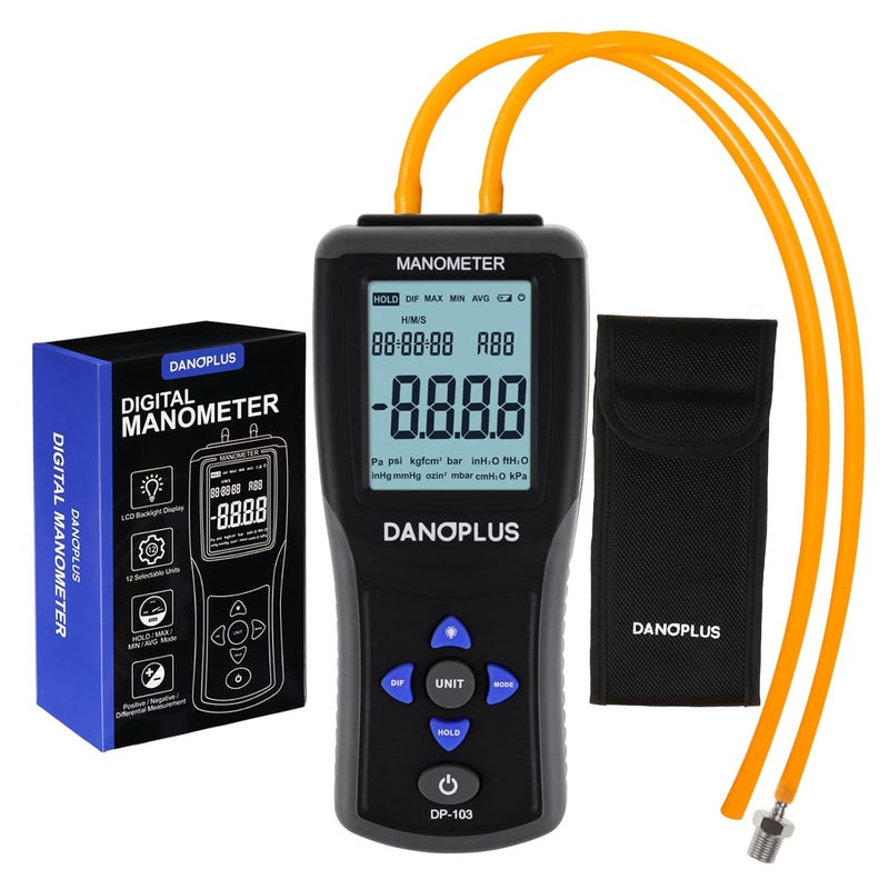 DANOPLUS Manometer Digital Manometer Gas Pressure Tester Professional 12 Selectable Units Differential Manometer Gauge HVAC Air Pressure Meter with Large LCD Display Backlight, Data Record Funtion - Image 1
